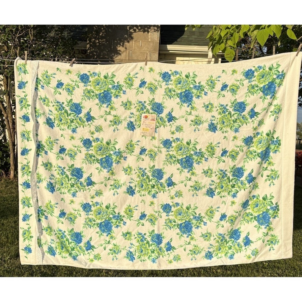NWT Vtg Japan Towelket Summer Blanket Single Twin Cotton Lace Rose Blue Green